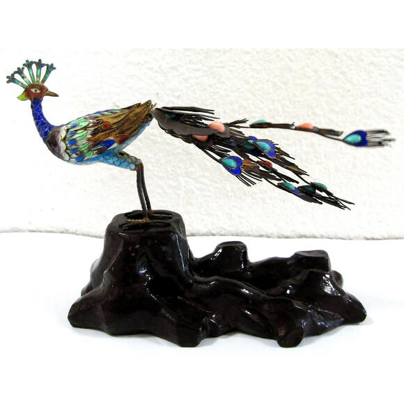 Other - Antique Chinese Silver Gilt Cloisonne Jeweled Peacock Bird Sculpture 19th C.